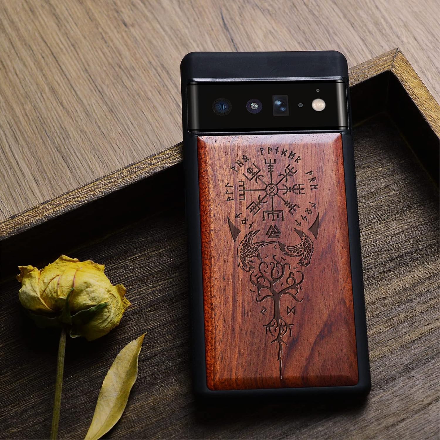 Carveit Wood Case for Pixel 6 Pro Case [Natural Wood & Black Soft TPU] Shockproof Protective Wooden Cover Compatible with Google Pixel 6 Pro (Viking Compass Vegvisir-Rosewood)