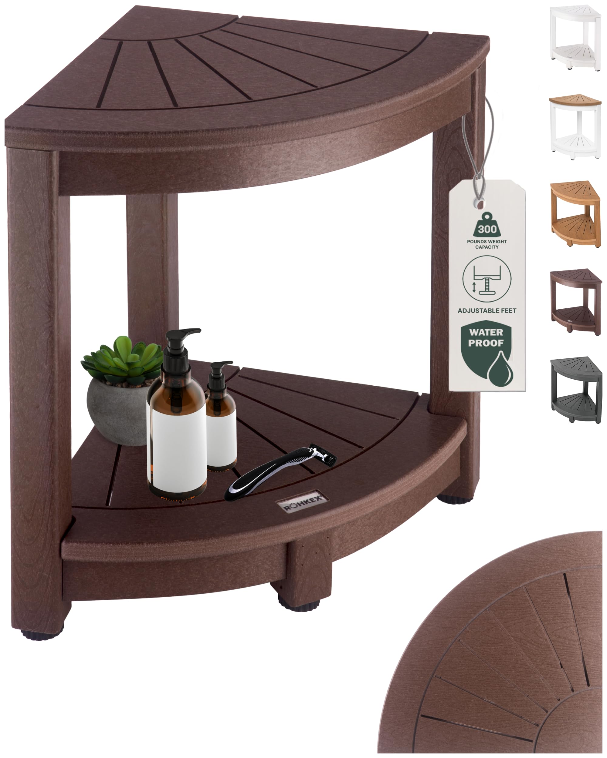 ROHKEX Corner Shower Stool - L-Shaped, Brown HDPE - Adjustable Non-Slip Legs & Corner Bench - Double-Layer Shelf & Shaving Stool - Protective Rubber Feet & Waterproof Bench