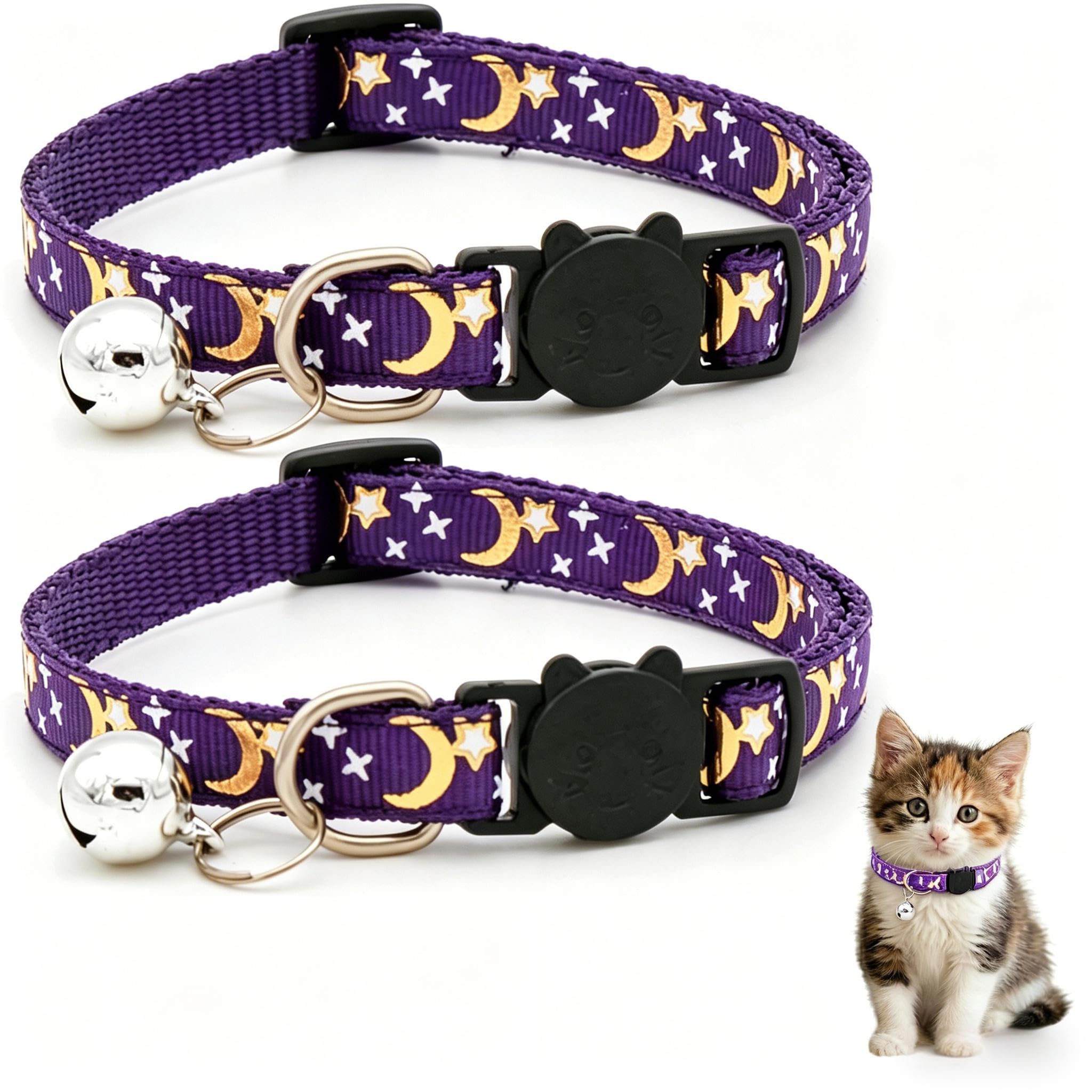 Reflective Adjustable Cat Collar with Bell, Moon Star Print Kitten Collar with Safety Breakaway Buckle, Cute Cat Collar for Cats Kittens, Multiple Colors Available (2 Pack)