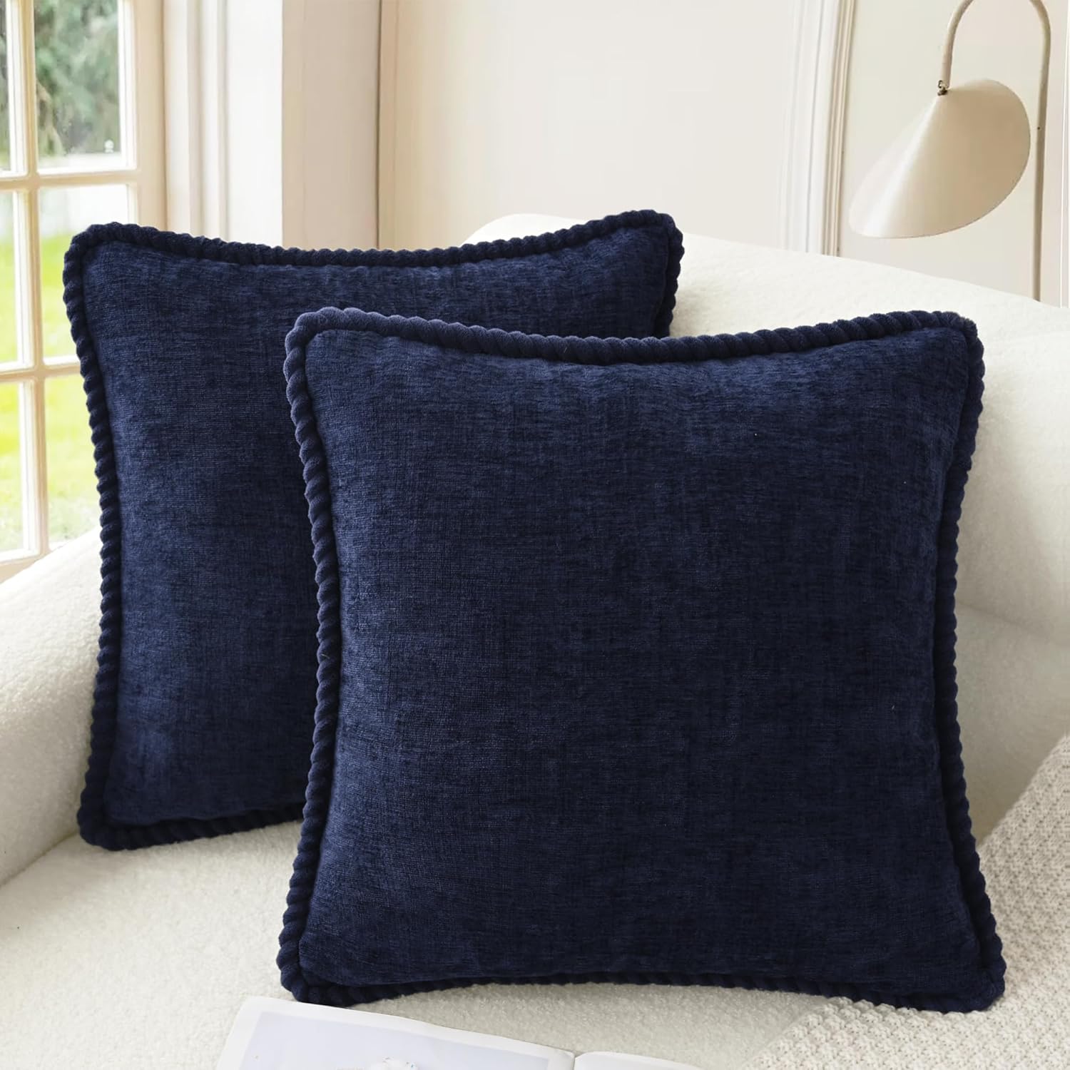 CaliTime Decorative Couch Throw Pillow Covers 18 X 18 Inches Pack of 2 Cozy Chenille Piping Edge Cushion Cases for Sofa Bed Living Room Home Navy Blue