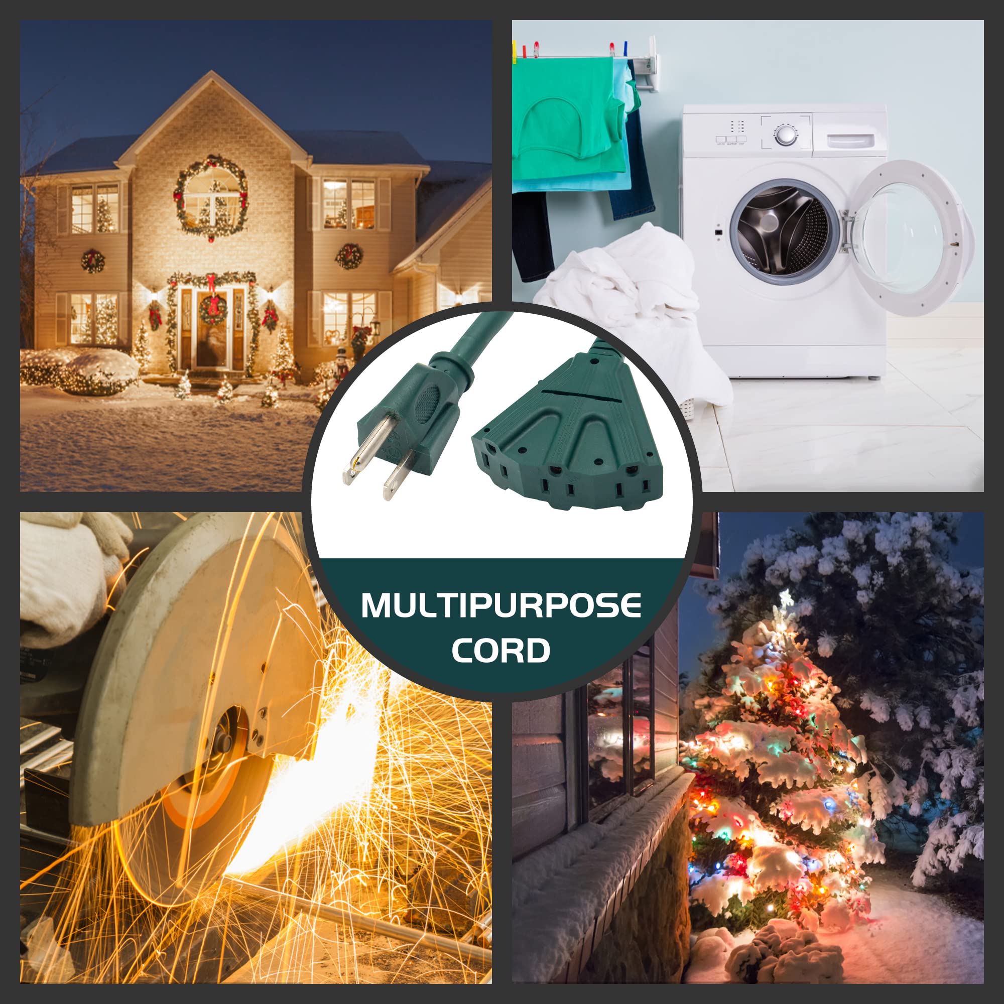 40FT Outdoor Extension Cord with 3 Electrical Power Outlets - 16/3 SJTW Durable Green Cable with 3 Prong Grounded Plug for Safety,Great for Outdoor Christmas Decorations