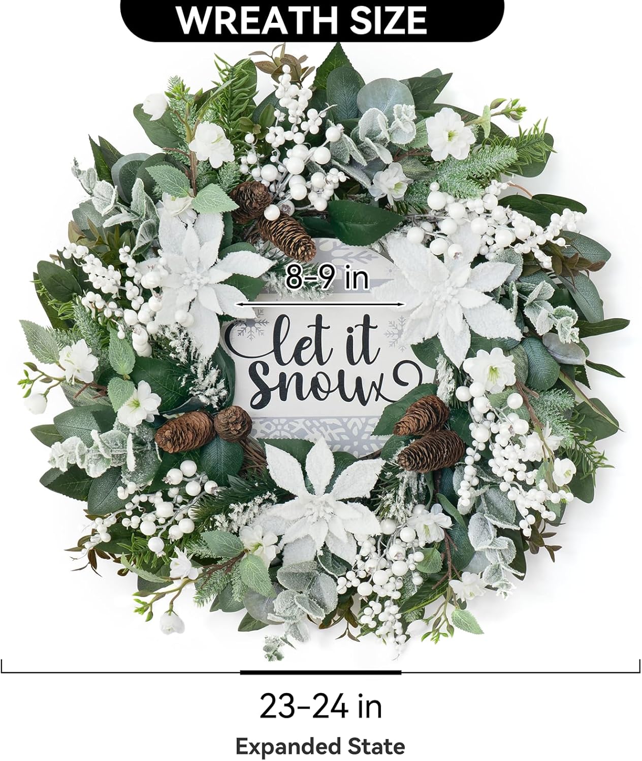 24 Inch Winter Wreaths for Front Door Outside, Outdoor Winter Wreath with Christmas Flowers and Pinecones, Artificial Flocked Christmas Wreath with White Berries-Winter Decorations for Home