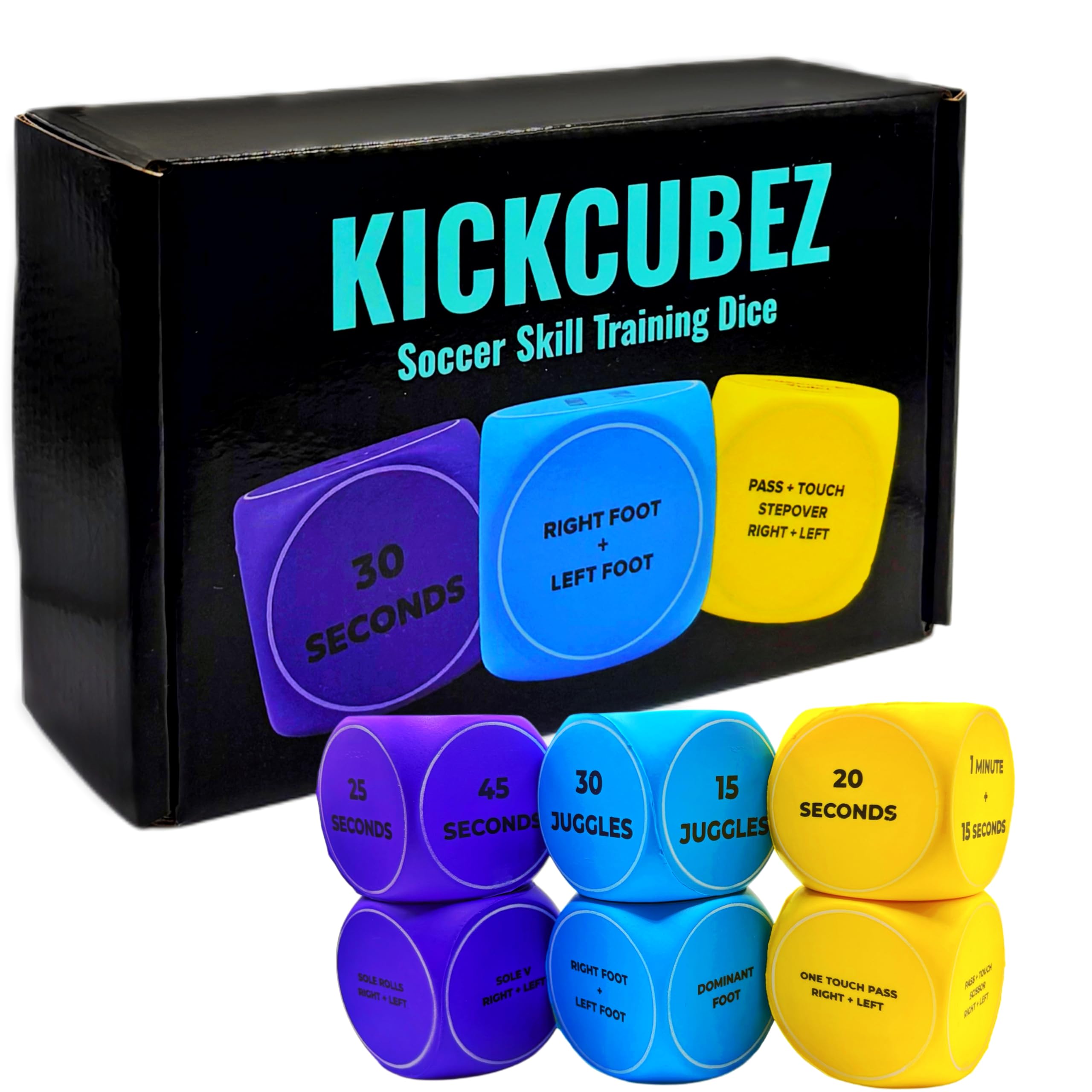 KickCubez Soccer Skill Improvement Kick Up Training Dice Set (6pcs) -Sports Soccer Gift for Boys & Girls Juggling, Footwork, & Passing- Entrenamiento
