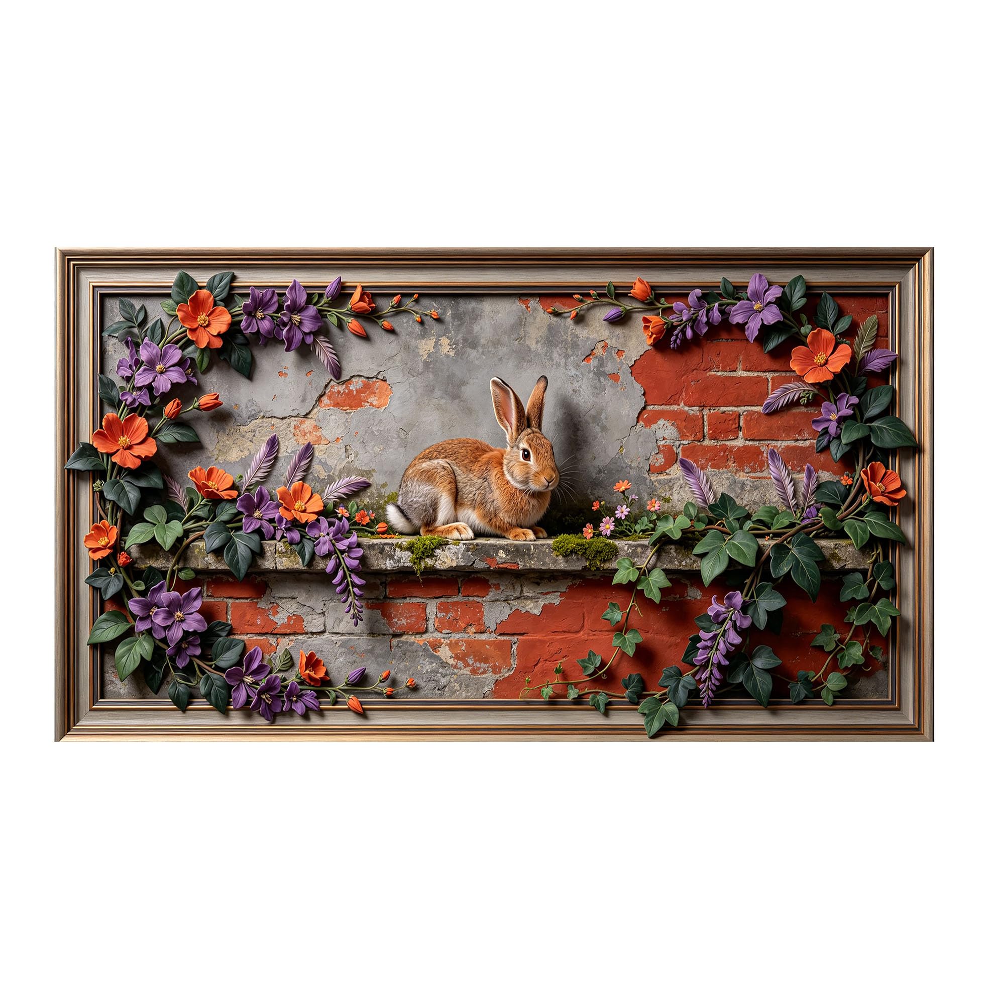 Yzpallescene 3D 3D Framed Wall Art 50cm×90cm Rustic Brick Wall Botanical Rabbit Floral Large Size SelfAdhesive Removable Wall Decor Prints Artwork for Living Room Bedroom Office