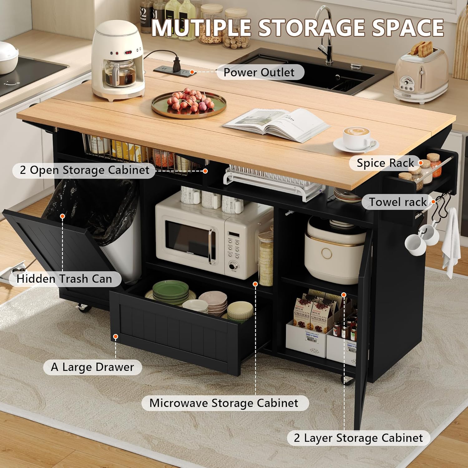 Einhomn 55" Rolling Kitchen Island with Power Outlet & Drop Leaf, Mobile Island Table with Trash Can Storage, Portable Kitchen Islands on Wheels with Spice Rack, Towel Rack & 4 Side Hooks, Black