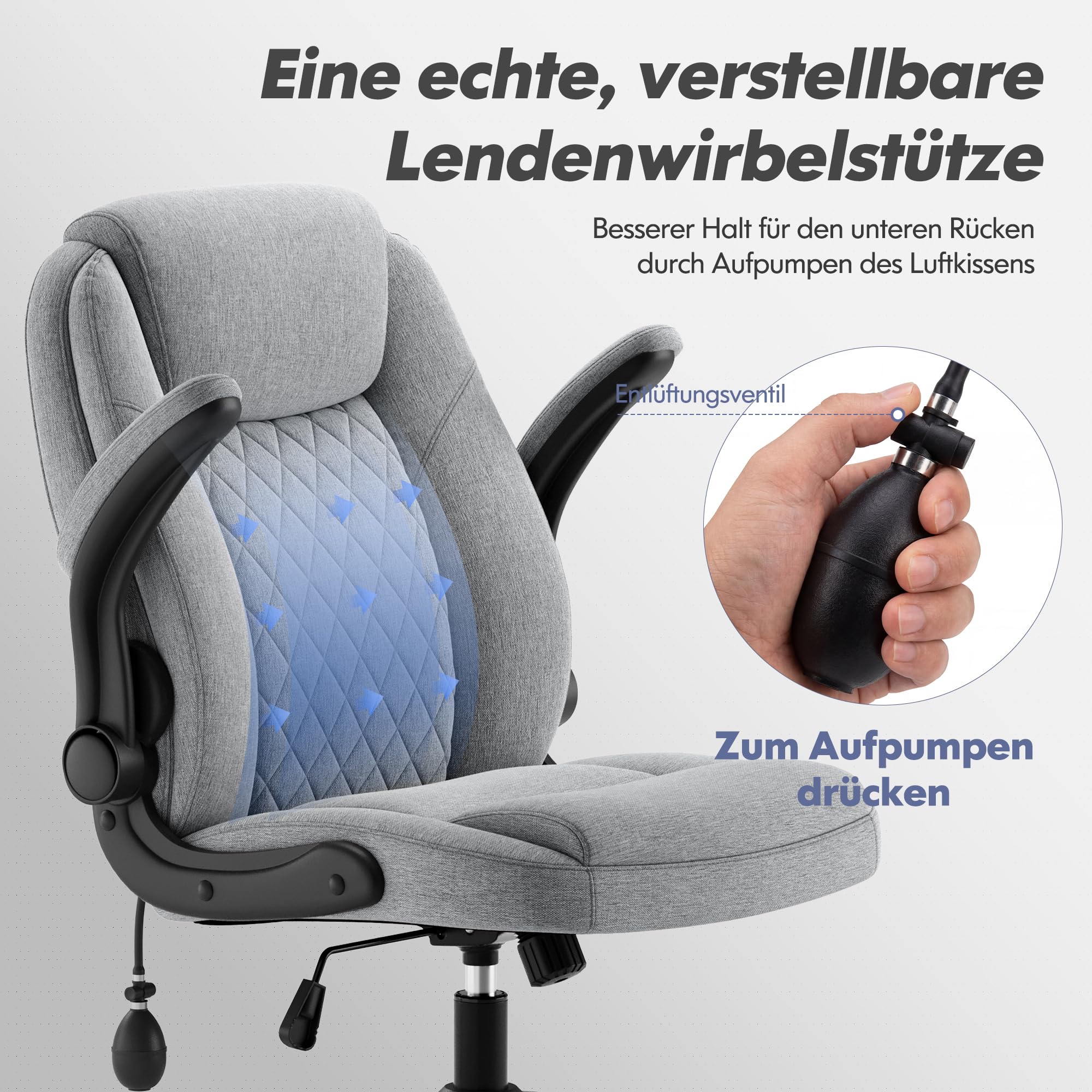 MALOL Bürostuhl Ergonomisch, Office Chair, Homeoffice Chefsessel Stuhl höhenverstellbar 105–125° Wippfunktion, Höhenverstellbarer Schreibtischstuhl mit Luft-Lendenstütze, bürostühle für Büro, Grau