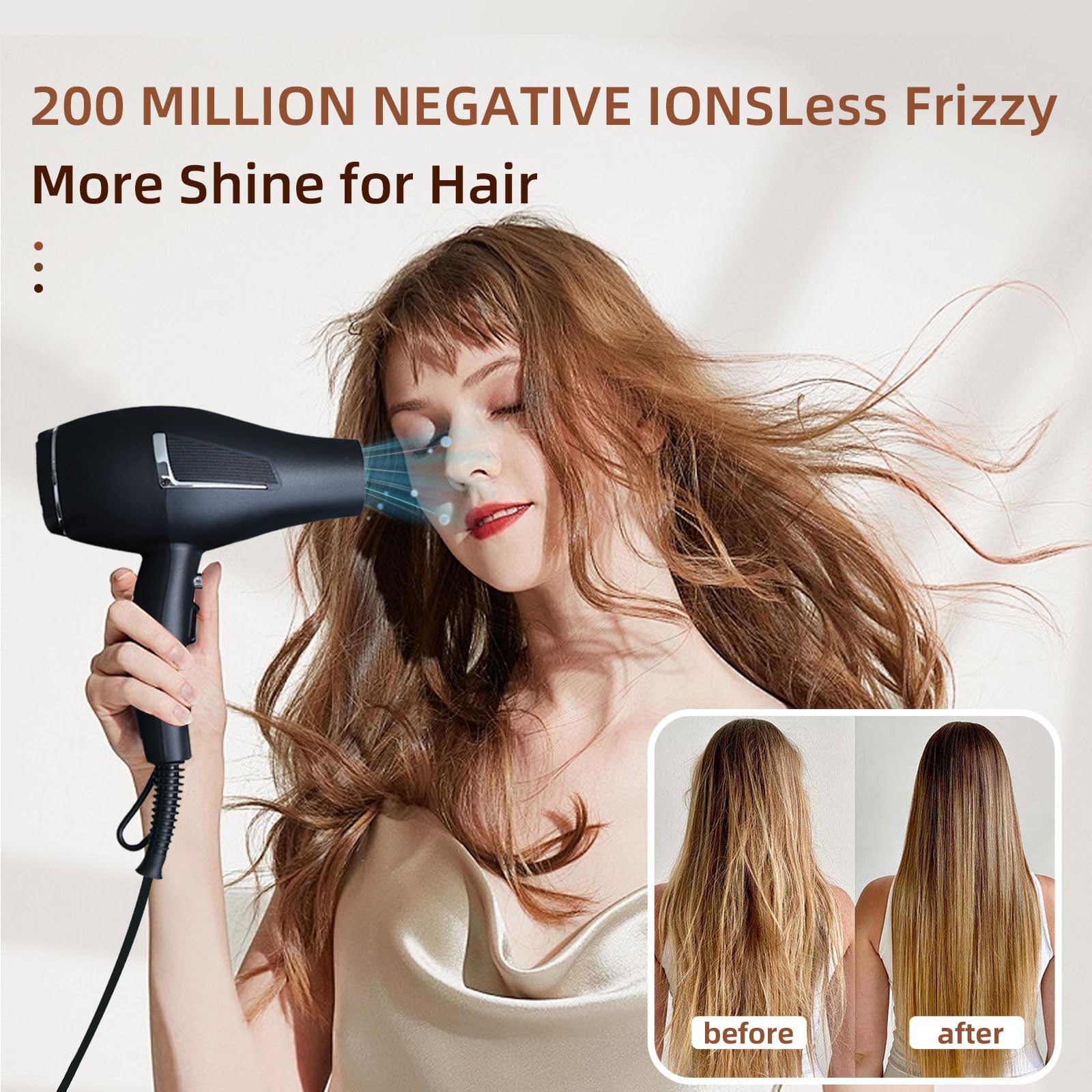 Sèche-cheveux ionique Salon de séchage rapide 2100W Sèche-cheveux professionnel 2 concentrateur 4 peignes 1 diffuseur Salon familial à friser avec bouton froid (Noir)