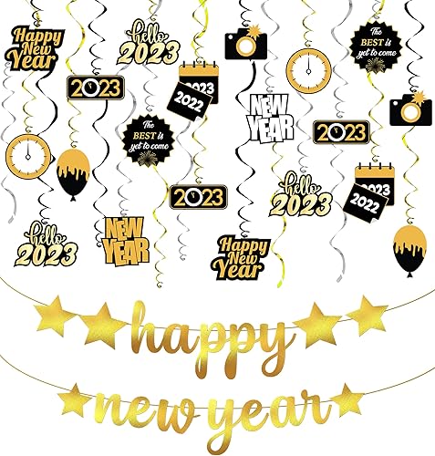 Decoraciones colgantes de Feliz Año Nuevo paquete de 30 sin bricolaje pancarta de feliz año nuevo color dorado sin bricolaje 10 pies decoraciones de