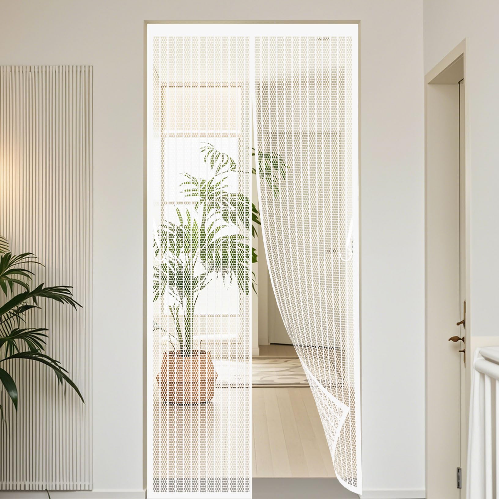 Magnetic Fly Screen Door 160 x 222 cm with Powerful Magnets and Full Frame Magic Tape Cat Door Screen Self Sealing No Gap, Pet-Friendly for Windows Doors Patio, White