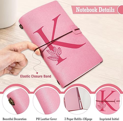 Miniatura 3 de Diario personalizado para regalo, diario de cuero con inicial rosa + juego de bolígrafo de corazón de diamante, cuaderno de viaje, bloc de notas