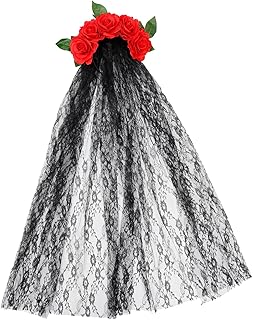 1Pc Rosa Véu Guirlanda Decoração Véus De Noiva Para Casamento Tiara De Renda Preta Tiaras Para Mulheres Véu De Flor Mexicana Tiara Dia Mortos Fita De Flor Fita De Véu Vermelho