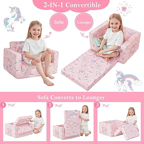 Miniatura 5 de Sofá infantil plegable 2 en 1, sofá convertible a tumbona para niñas y niños, con funda extraíble y bolsillos dobles, unicornio rosa