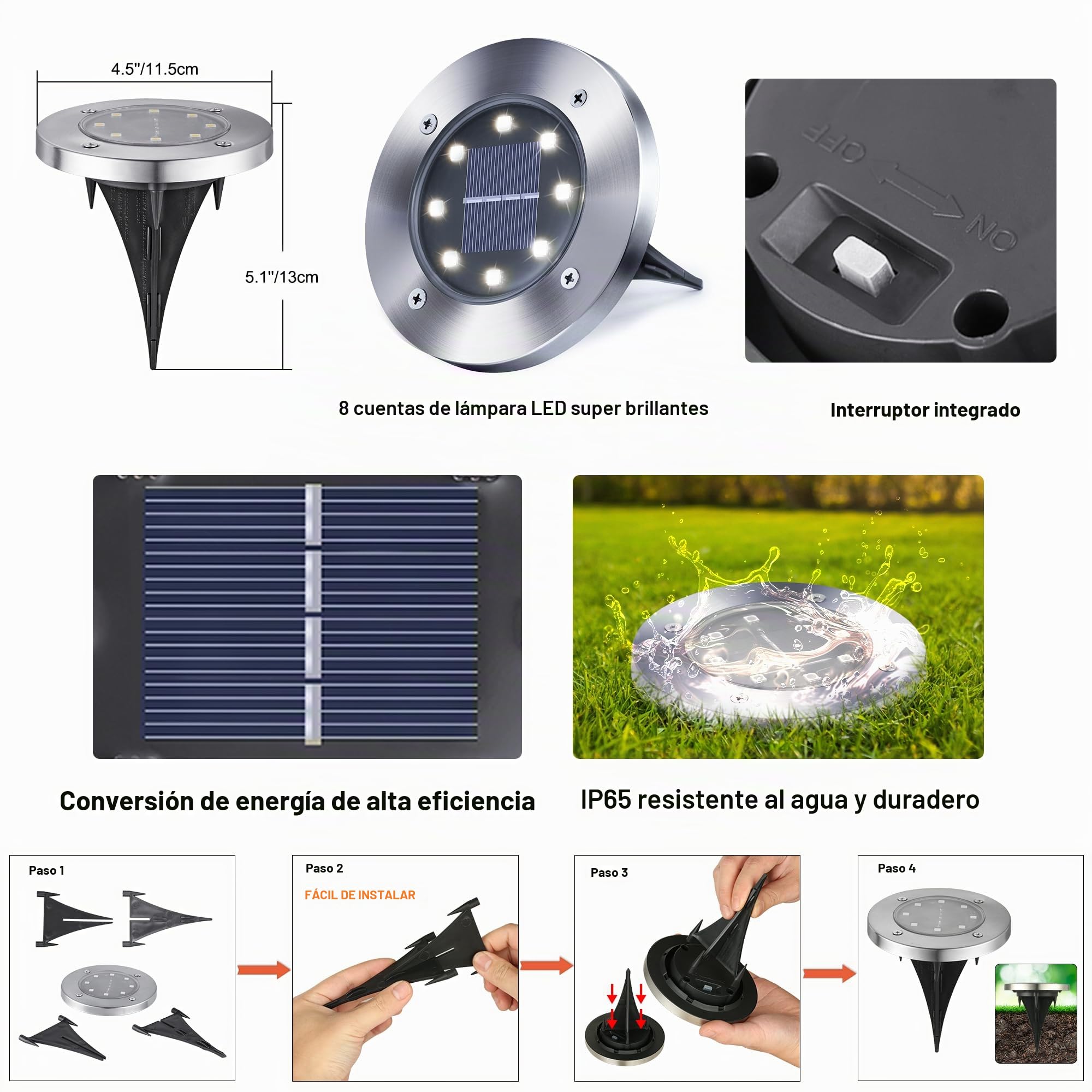 Qedertek 16 Pack Luz Solar Exterior Jardin 8 LED Luces Solares de Tierra, Lampara Solare Exterior IP65 Impermeable Blanco Luces Solares para Césped, Patio, Camino, Escalón, Entrada de Garaje
