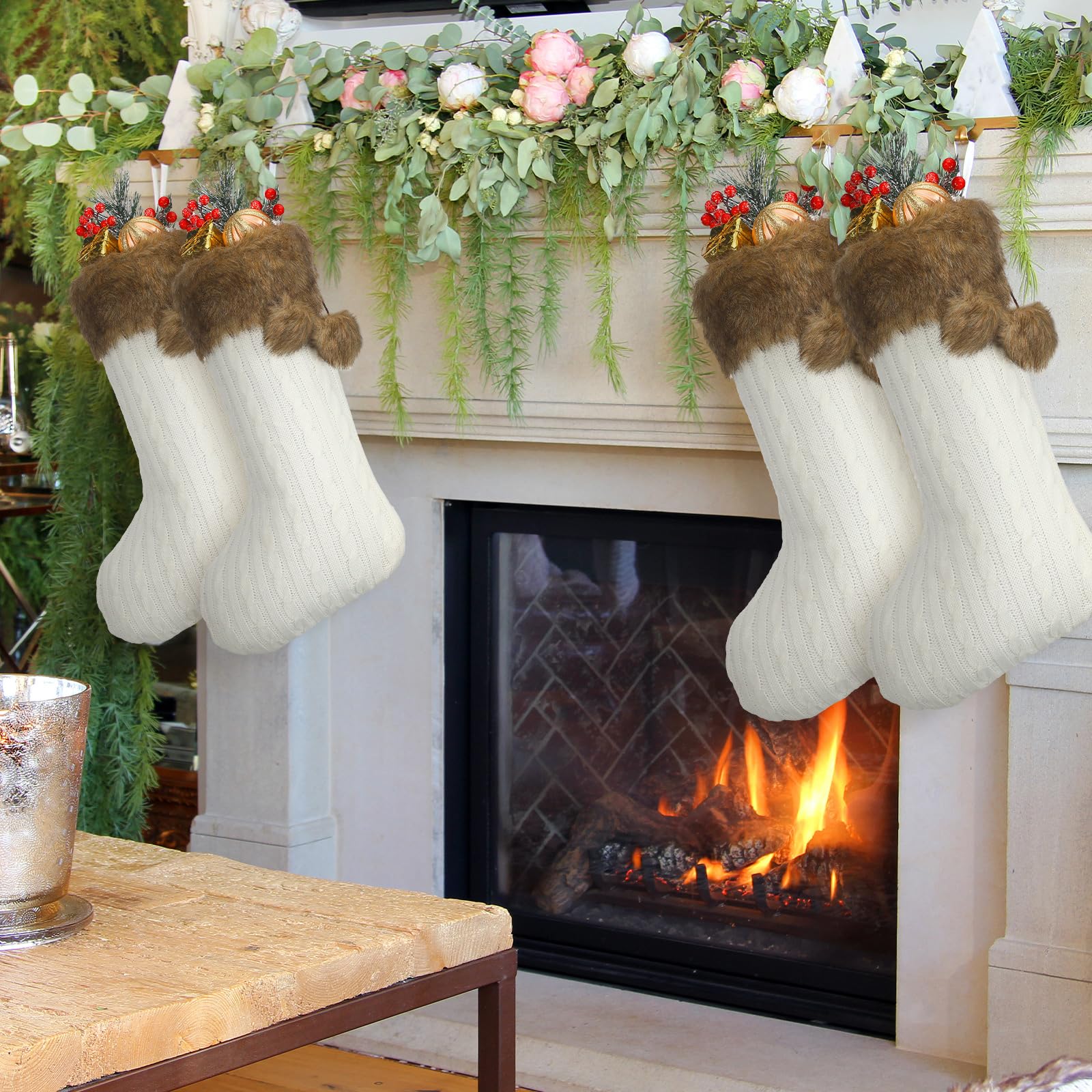 Weihnachtsstrümpfe, 45,7 cm, große Weihnachtsstrümpfe mit Kunstfell-Manschette, hängende Weihnachtsstrümpfe, rustikale Ornamente für Weihnachten, Feiertage, Dekorationen, Familienparty, Weiß, 4