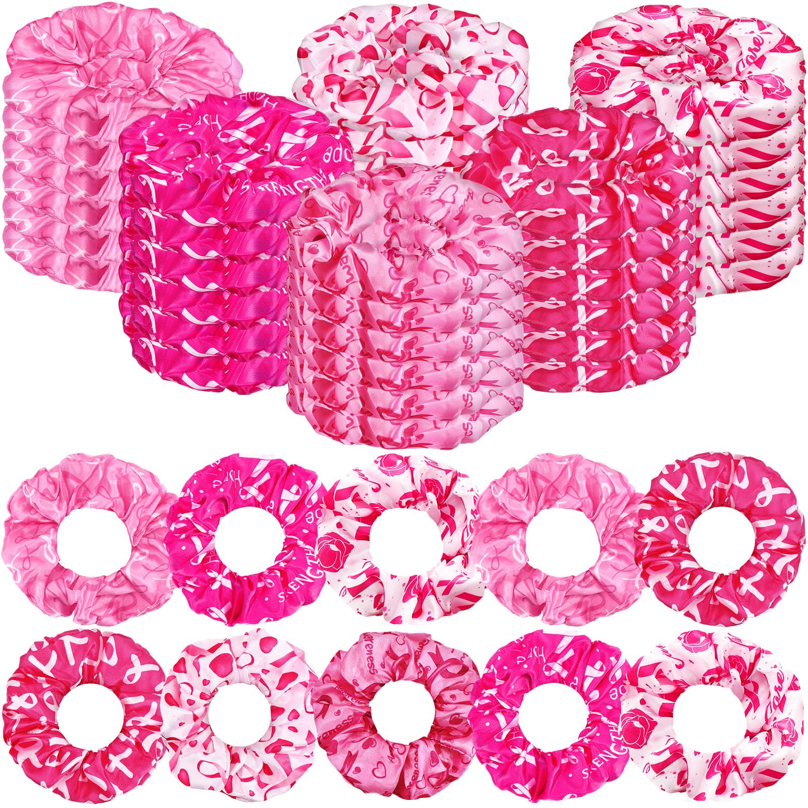 Tigeen 60 Pcs Breast Cancer Awareness Scrunchies, Pink Hair Ties,Vivid
