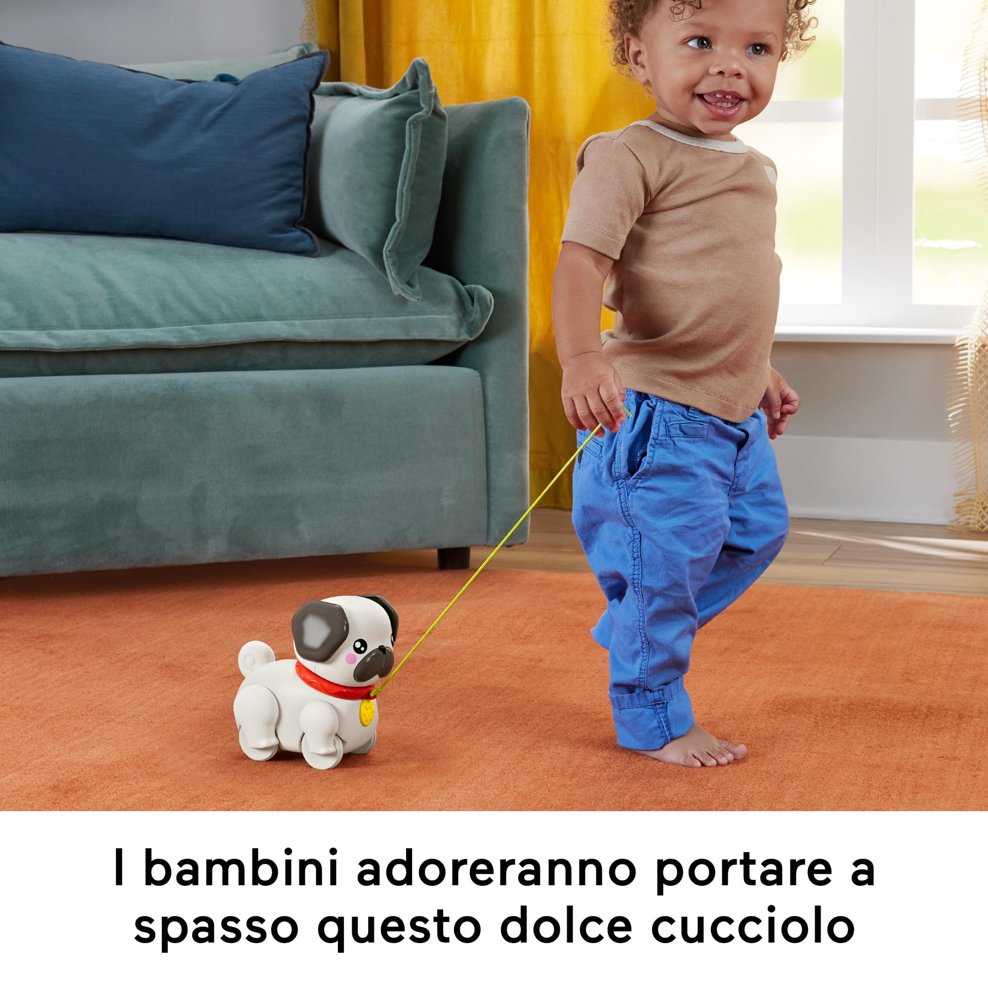 Fisher-Price Pets - Carlino Cammina con Me, Cucciolo trainabile con guinzaglio e Suoni, incoraggia a Camminare e abbaia con Il Movimento, giocatolo per Bambini, 12+ Mesi, HTW94