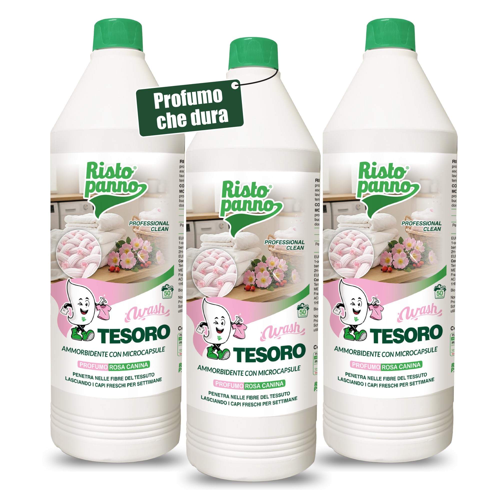 3 PZ x 1L Ammorbidente Lavatrice Concentrato con Microcapsule Profumate - Fragranza Rosa Canina - Azione Antistatica - Profuma Biancheria per Lavatrice e Bucato a Mano (WASH TESORO)