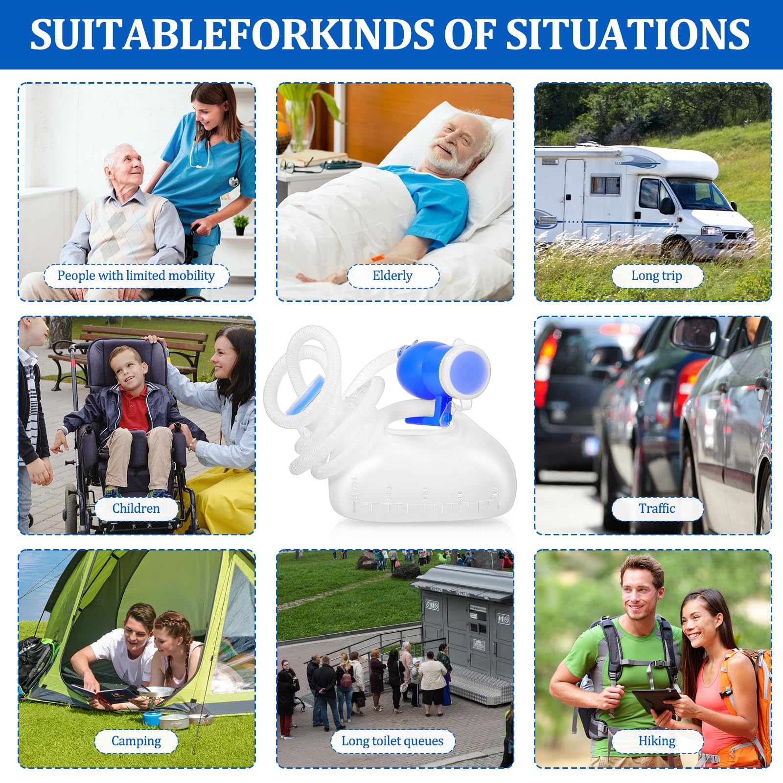 Orinarios portátiles para hombres, botellas de orinal de 2000 ml, botella portátil a prueba de derrames, reutilizable, tubo de 59 pulgadas de largo con tapa para camping, coche, cama de viaje