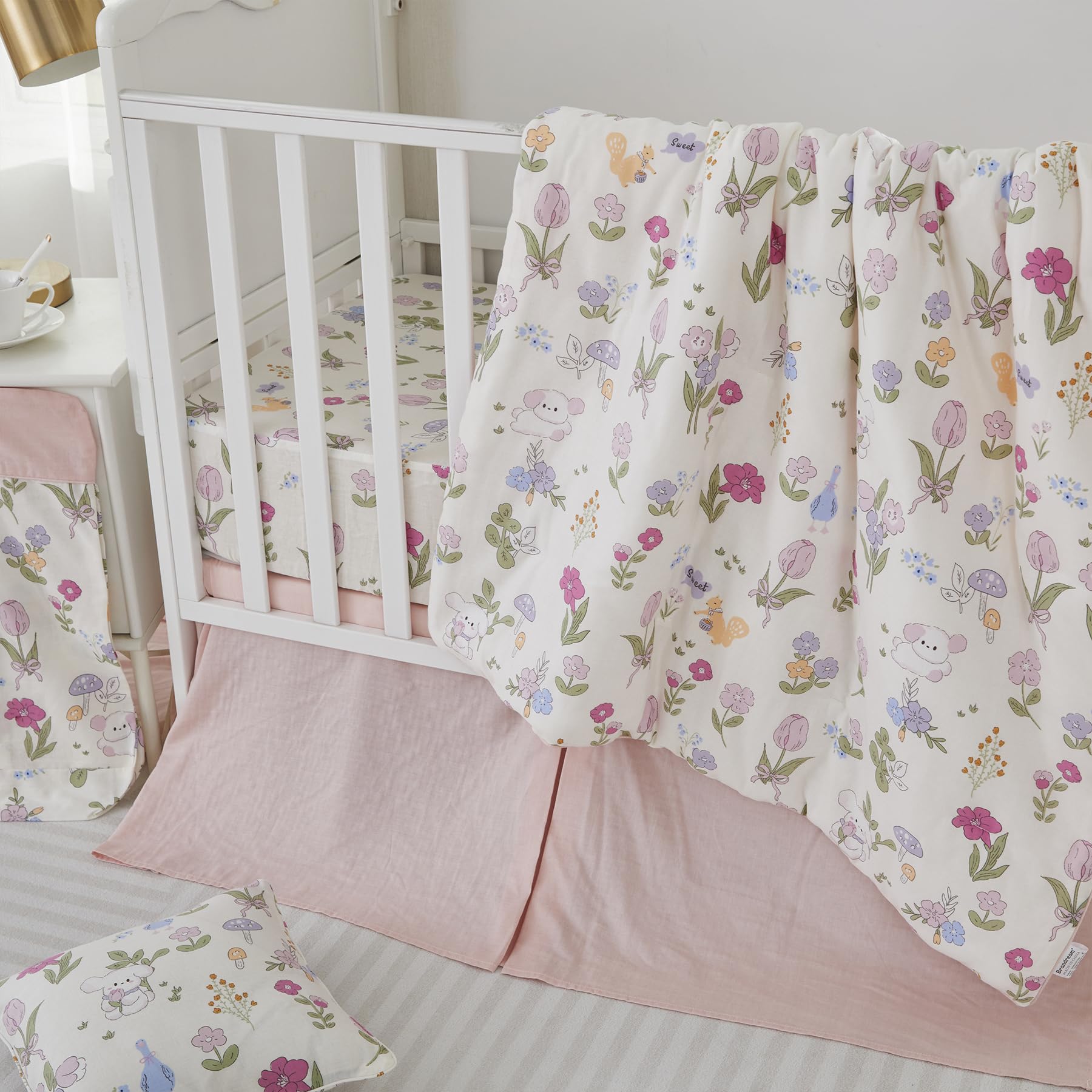 Brandream Set di biancheria da letto per culla in mussola di cotone, per bambine, con stampa di fiori selvatici, set di biancheria da letto per la cameretta dei bambini, leggero, morbido e