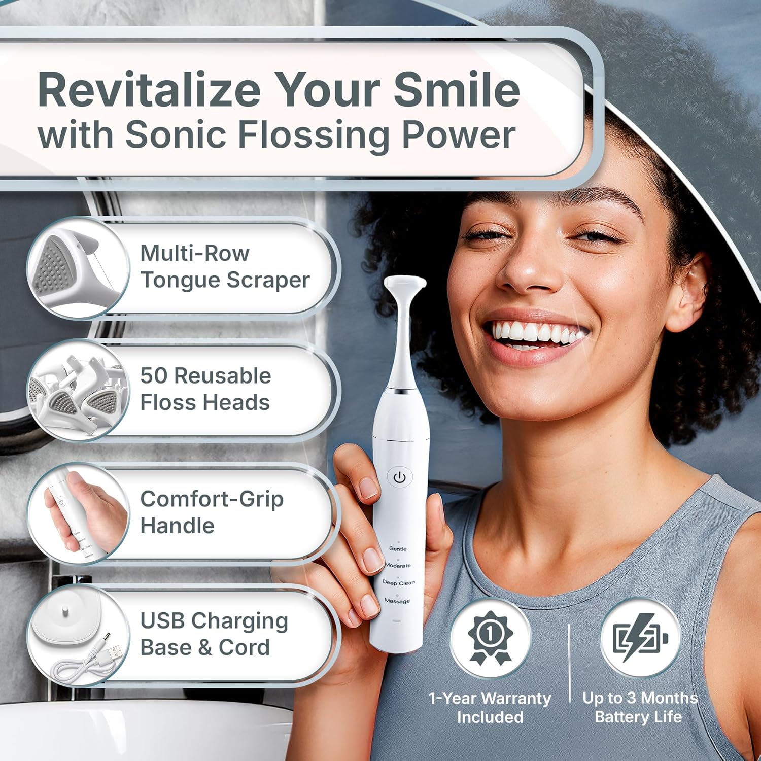 Electric Flosser Kit with Tongue Scraper | No Water, No Mess | Easy Gliding Dental Floss for Gentle Gum Care | Cordless Sonic Power | 50 Replaceable Heads [Glacier White]