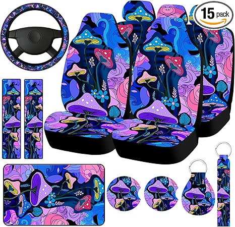 15 Pcs Car Seat Covers Full Set Automotive Truck SUV Rear Front Seat Protectors Steering Wheel Cover Wrist Strap & Cup Mat Pad & Belt Cover Christmas Car Accessories(Mushroom)