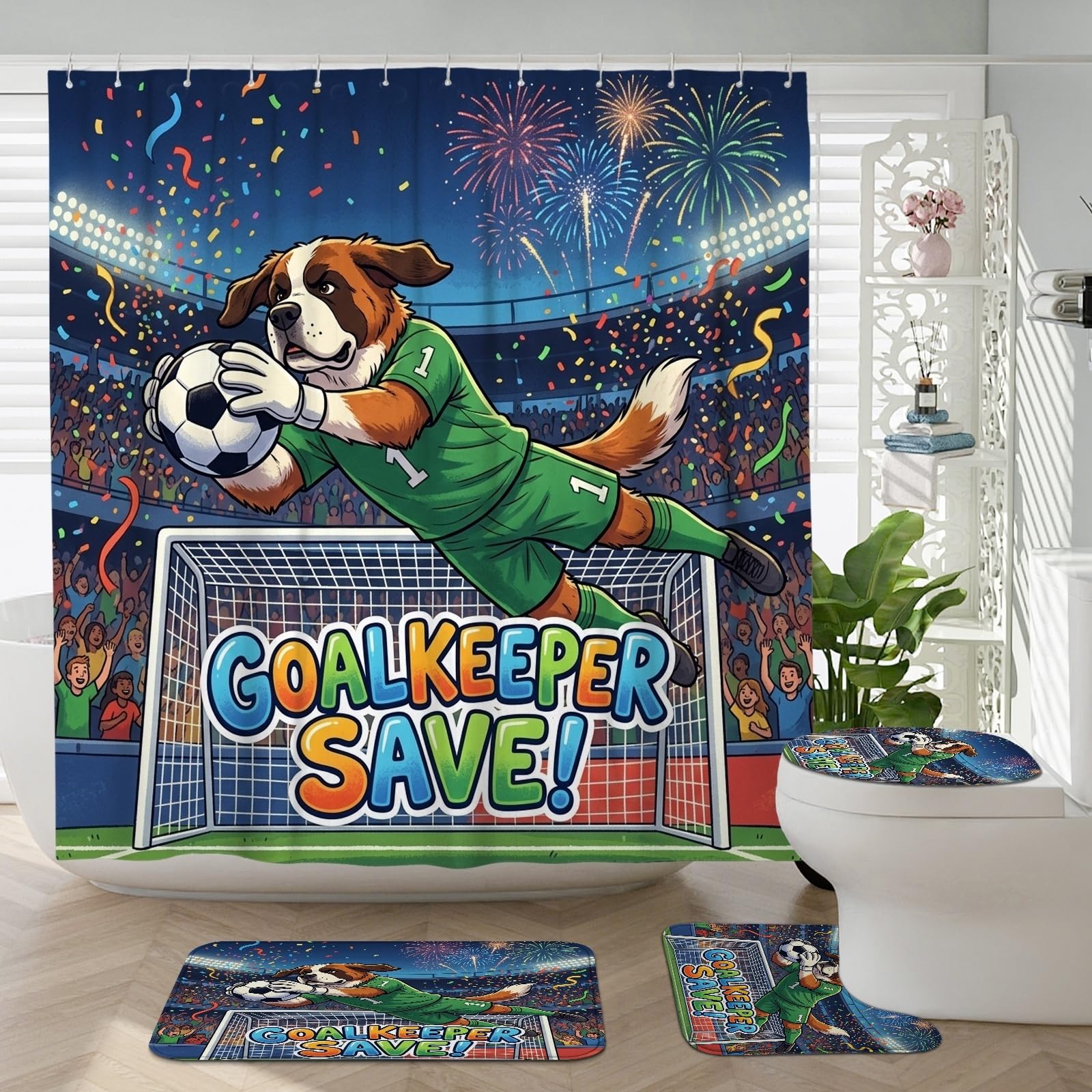Ensemble de salle de bain 4 pièces avec tapis de douche chien Saint-Bernard