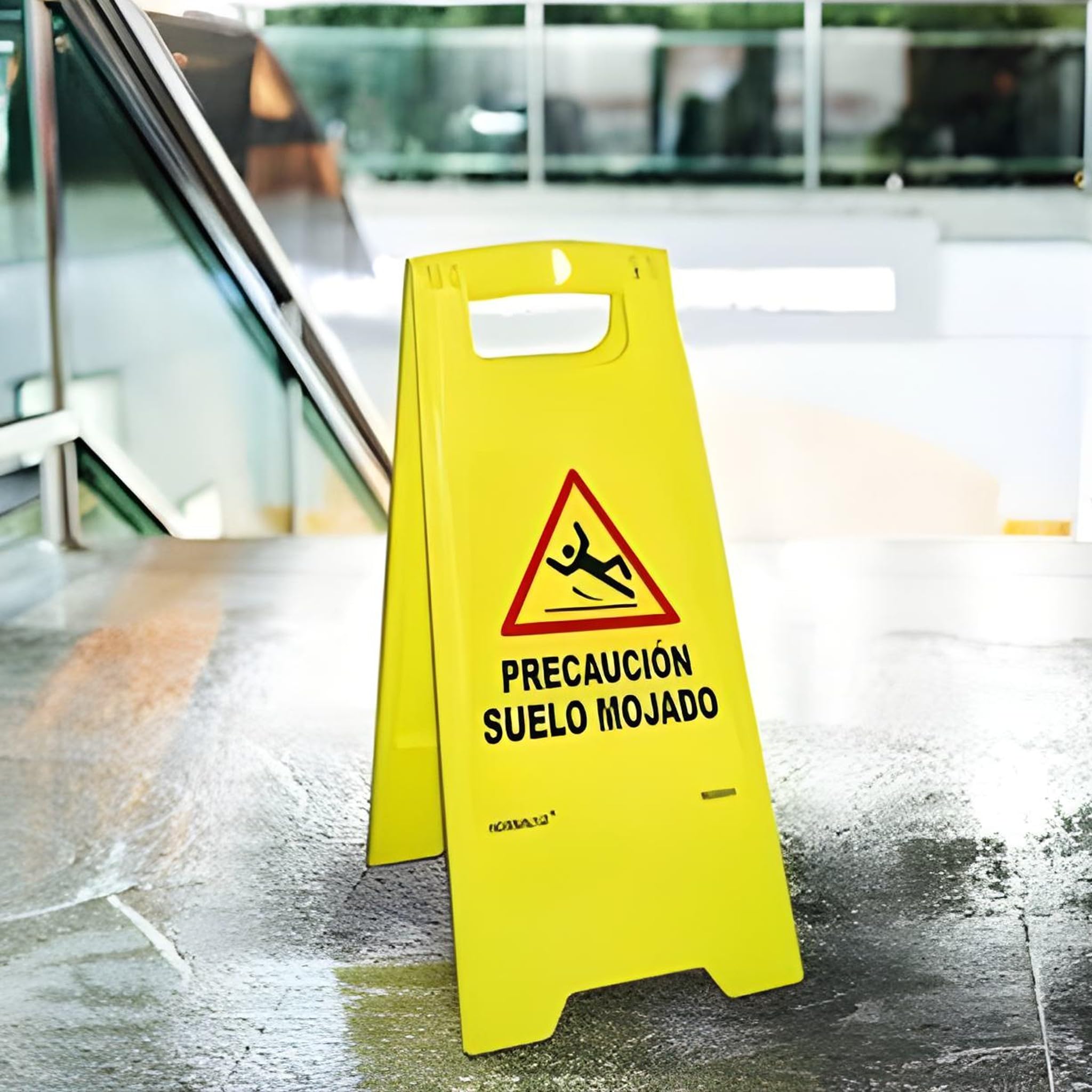 Bricoloco Cartel suelo mojado señal de advertencia y precaución de suelo resbaladizo. Colegios, hospitales, obras, portales, hostelería. Polipropileno 60x25 cms (6)