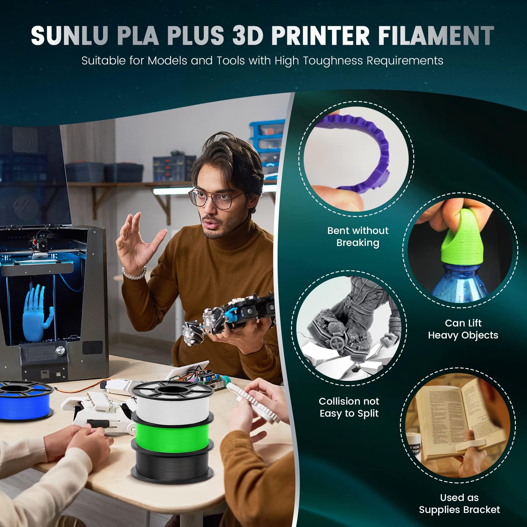 SUNLU PLA Plus filamento per stampante 3D, Filamento PLA+ 1.75mm, Filamento ad alta resistenza compatibile con stampanti 3D FDM, Precisione dimensionale +/- 0.02 mm, Bobina da 1kg (2.2LBS), Oro