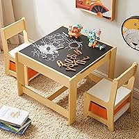 GTOLV 3-in-1 Kids Wooden Table & Chair Set with Storage Drawers - Detachable Drawing & Chalkboard for Toddlers, Natural Wood Playroom Table