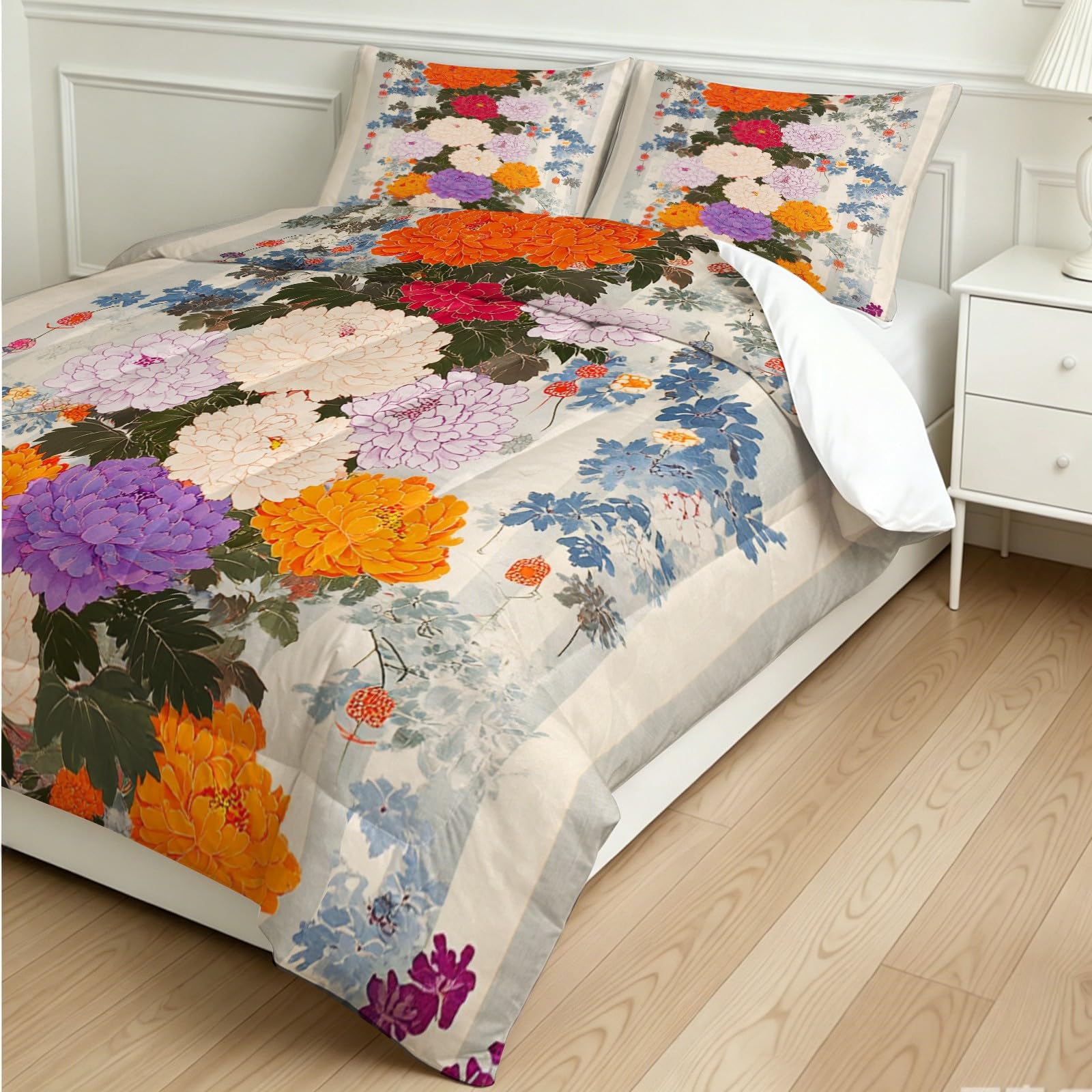 Edredón Decorativo 4 Estaciones Crisantemo 220 x 240 cm Gris Claro Relleno Nórdico Suave, Estilo Moderno Lavable
