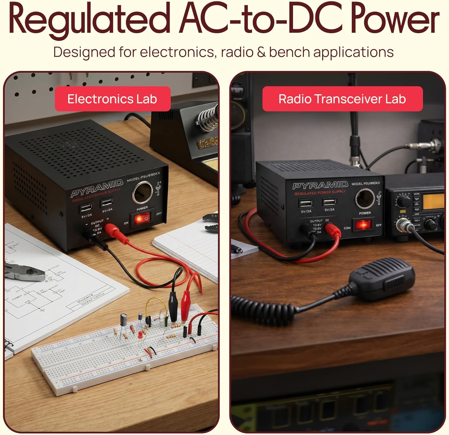 Universal Compact Bench Power Supply - 7 Amp Regulated Home Lab Benchtop AC-Dc Converter Power Supply for CB Radio, HAM W/ 13.8 Volt Dc 120V AC Supply, Dual USB, Cigarette Lighter - Pyramid PSU990KX