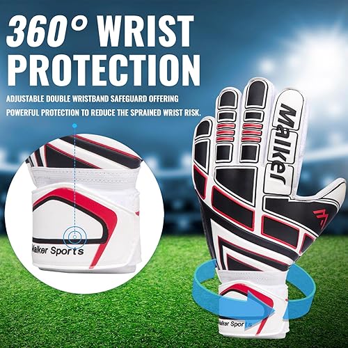 Miniatura 5 de Malker Guantes de portero de fútbol con protector de dedos y doble protección de muñeca, guantes de portero de agarre fuerte para niños, jóvenes,