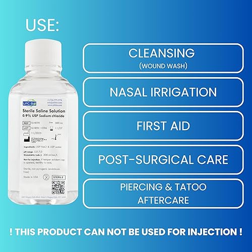 Miniatura 7 de Solución salina estéril, 0.9% – Grado USP – Lavado de heridas multiuso, piercing y cuidado posterior del tatuaje – 0.05μm filtrado, libre