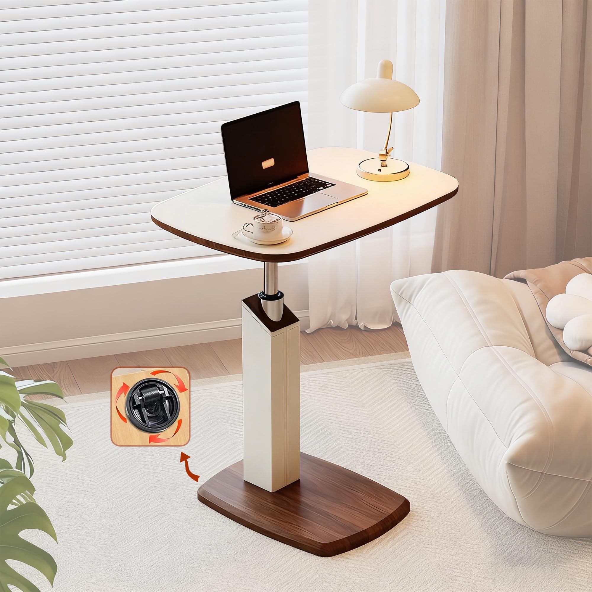 Höhenverstellbarer Beistelltisch mit Versteckten Rollen & Pneumatik, Kleiner C-Form Betttisch Sofatisch mit 360° Drehbar, Holz Side Table für Wohnzimmer, Laptoptisch für Couch Sofa Bett