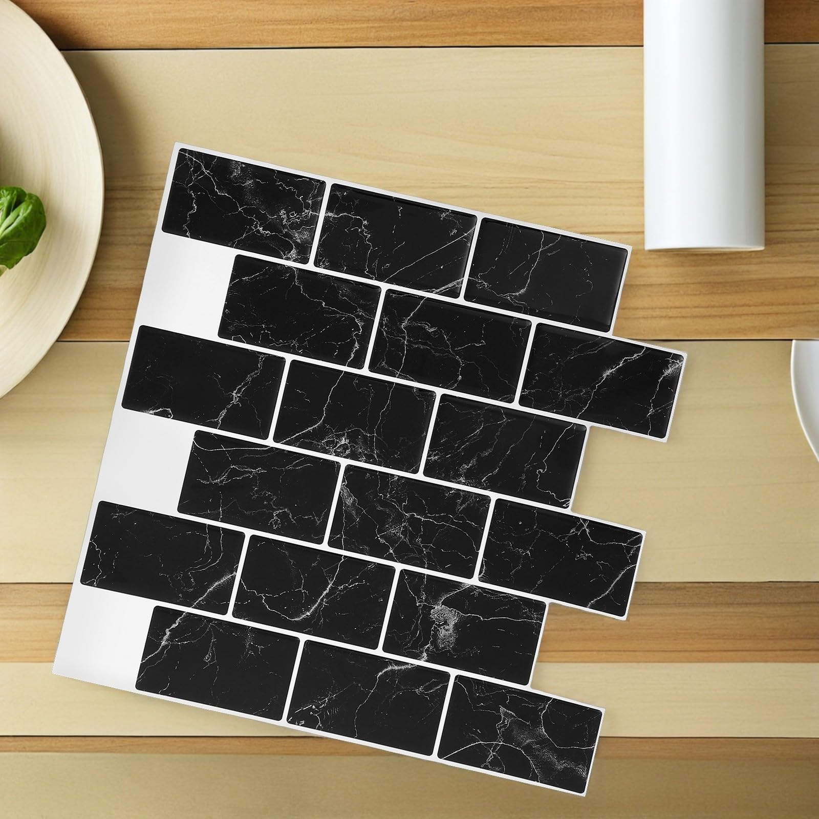 10 Pezzi Piastrelle Adesive per Cucina e Bagno 3d Effetto Mattone Nero, Impermeabili e Antimacchia in Poliuretano Adesivo Pet, Facili da Rimuovere senza Danni, per Pareti e Piani