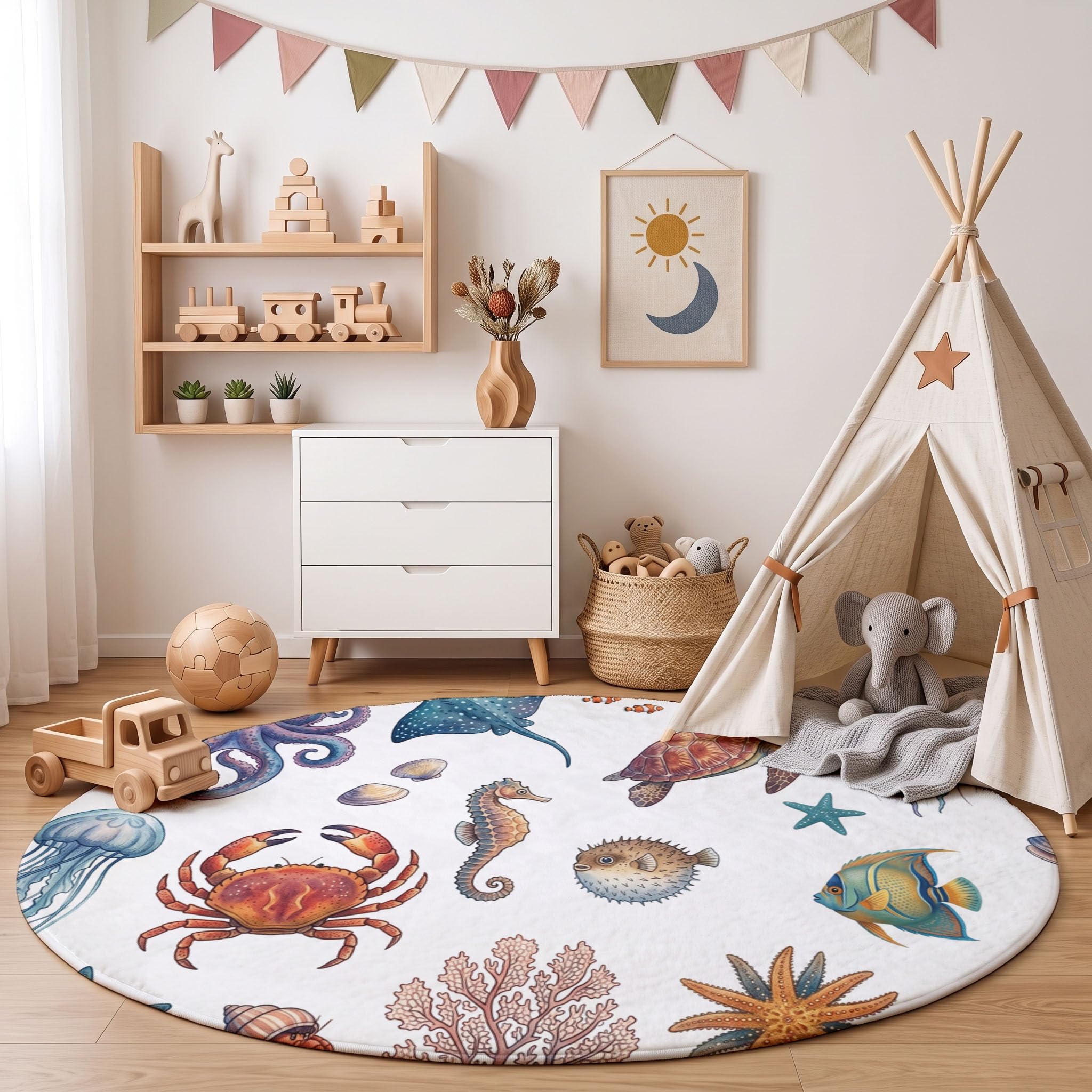 Meeresleben Rund Teppich für Kinder, Kurzflor Kinderteppich, Oktopus Meeresschildkröte Qualle Runder Teppich Waschbar, Weich, Rutschfest für Lernbereiche, Spielzimmer und Kinderzimmer (160cm rund)