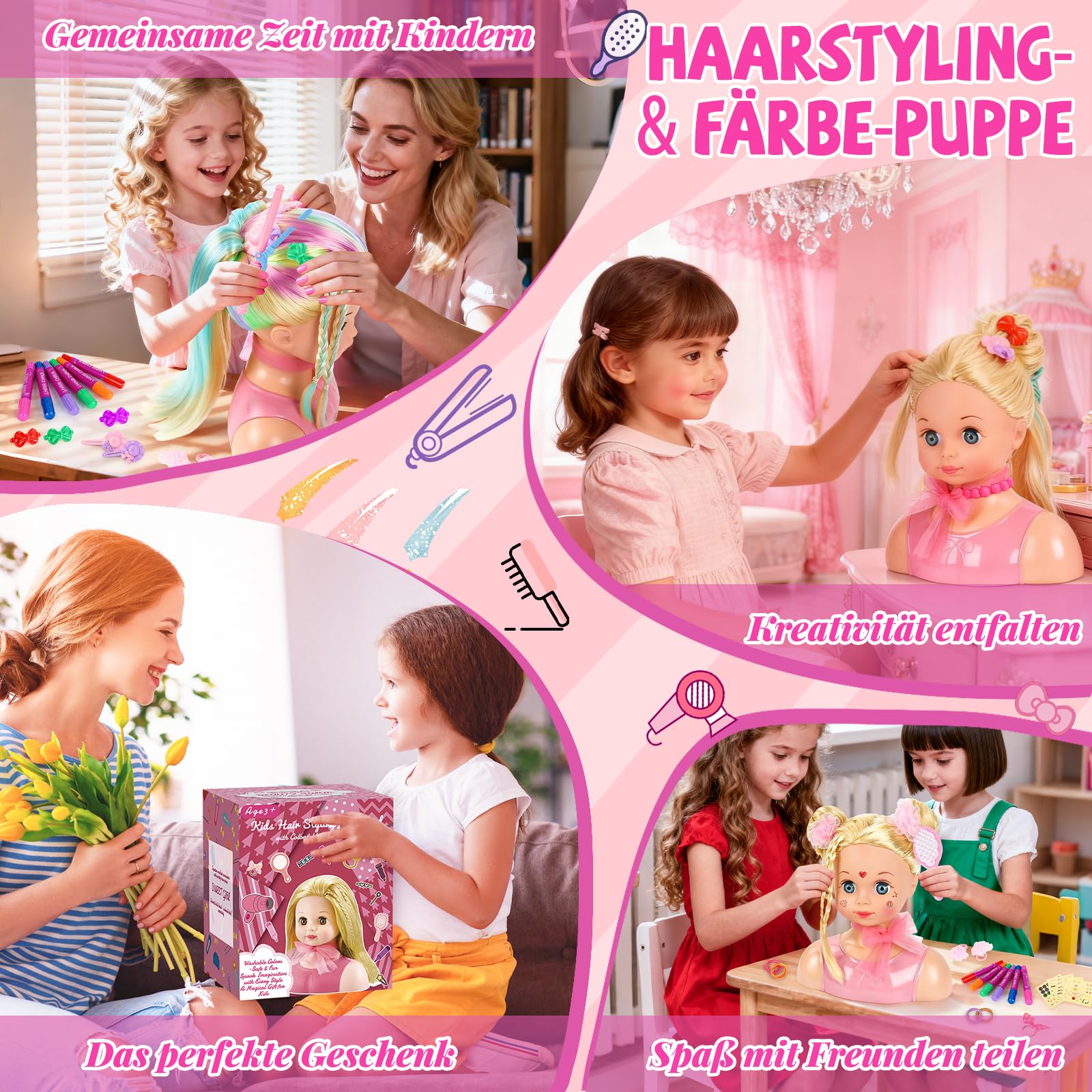 Frisierkopf Kinder Set, Frisierkopfpuppe Spielzeug Set für Kinder mit Haarzubehör, Frisierkopf für Mädchen Waschbar Set Geschenk Weihnachten für Mädchen 3-10 Jahren