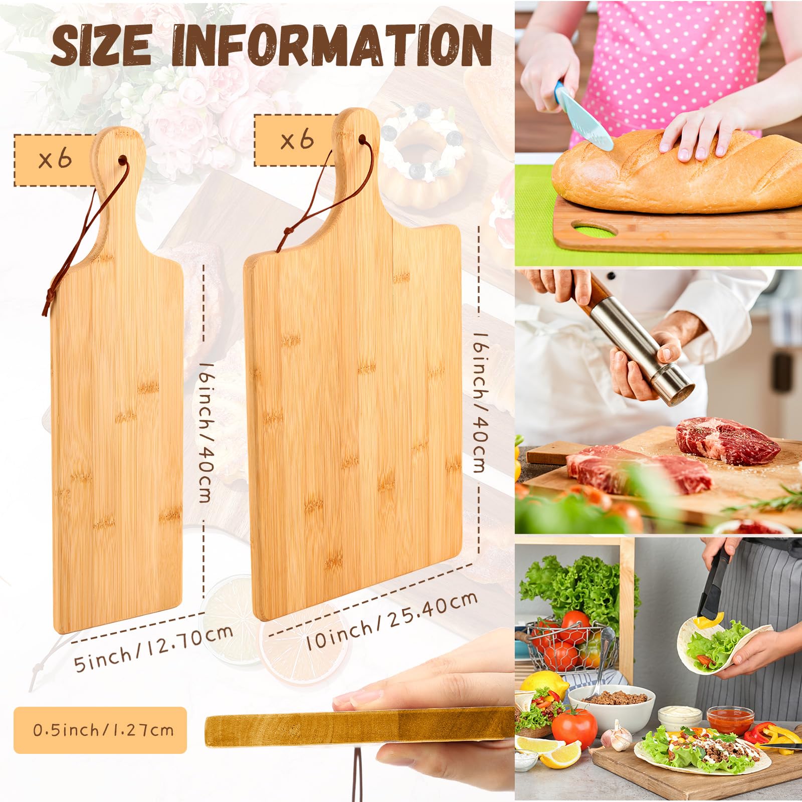 Tanlade Juego de 12 tablas de cortar de madera con asa, tabla de servir de madera grande y pequeña, bloque de corte de carnicero, cocina, cortar queso, carne, verduras, 16 x 10 pulgadas, 16 x 5