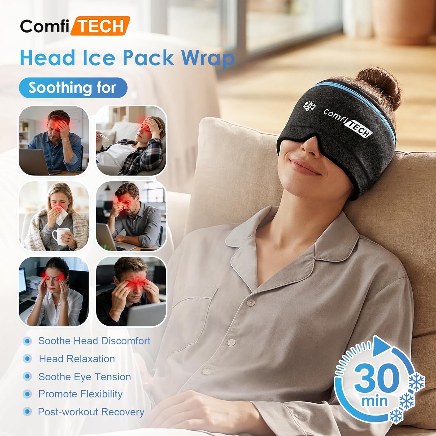 ComfiTECH Dual-Gel Migraine Relief Cap Extended 30-Min Cooling, Detachable Cold Pack & Flexible Gel Head Ice Wrap Face Mask Soothing for Headache, Sinus, Puffy Eyes, Tension and Stress