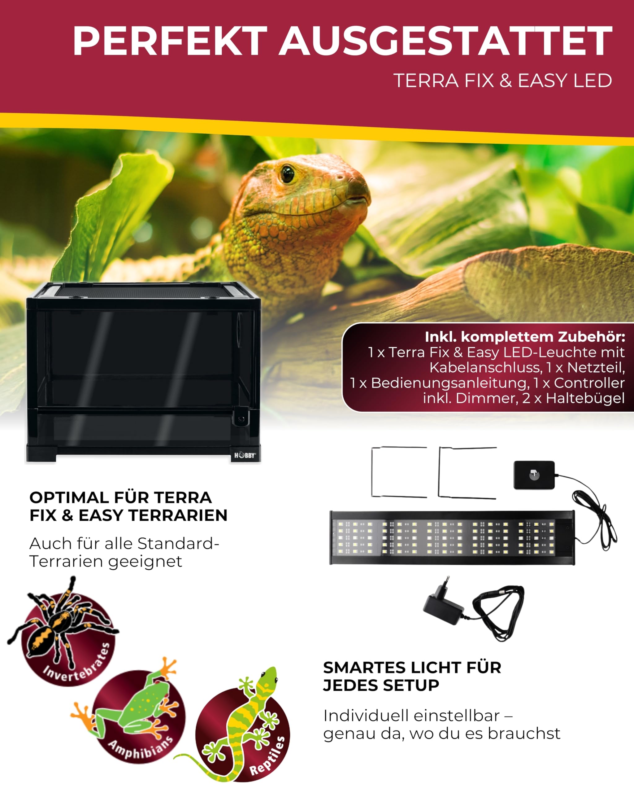 HOBBY Terraristik Terra Fix & Easy LED I dimmbare LED-Beleuchtung für Terrarien I Terrarium Lampe mit einstellbarer Farbtemperatur I Terrarienbeleuchtung für Reptilien, Amphibien und Pflanzen