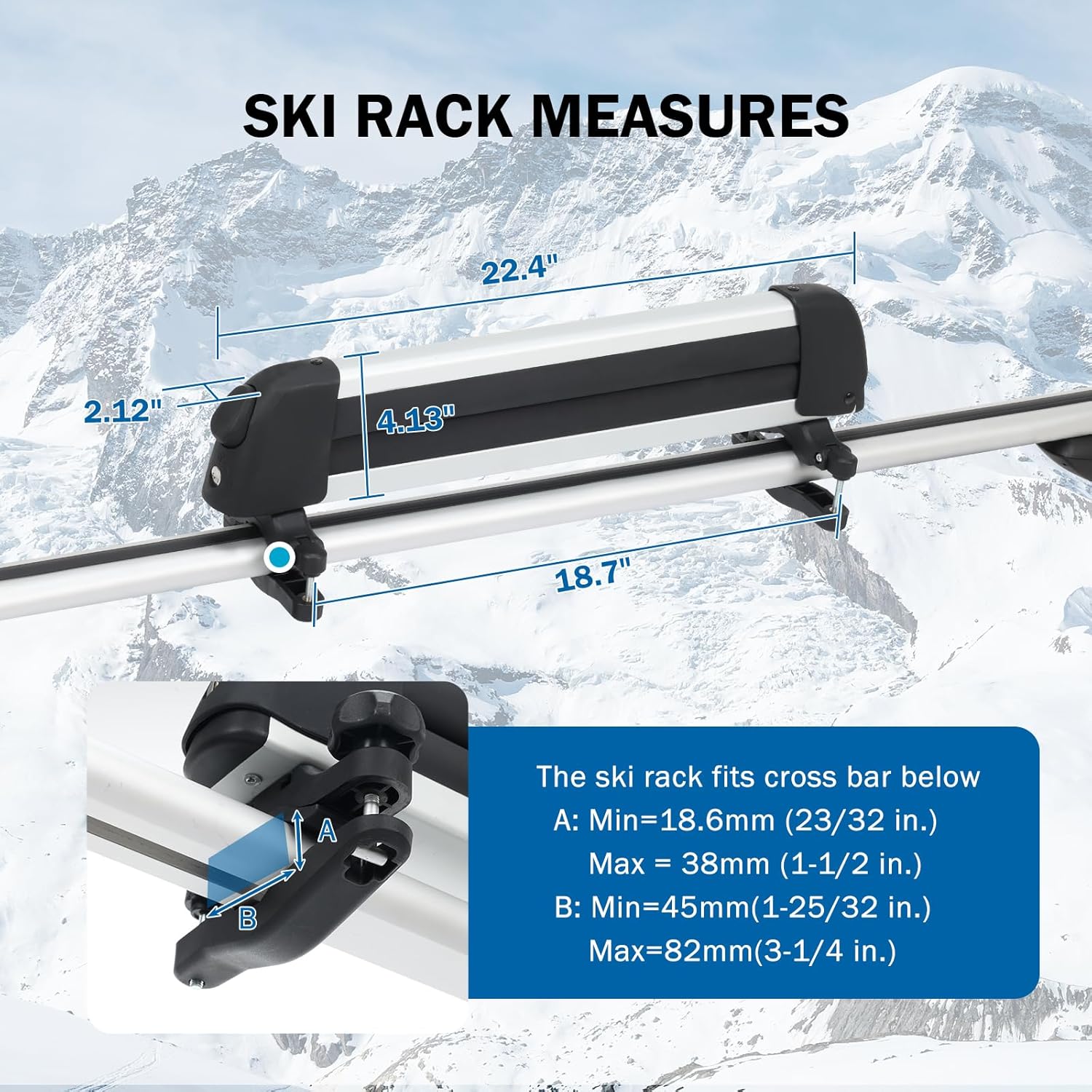 16.3 Inch Ski and Snowboard Rack for Car Roof, with TPV Rubber Padding and Lock, Fit 2 Pairs of Skis or 2 Snowboards, Mounting System Fits for Square/Round/Aero/Oval Cross Bars, Silver - Image 2