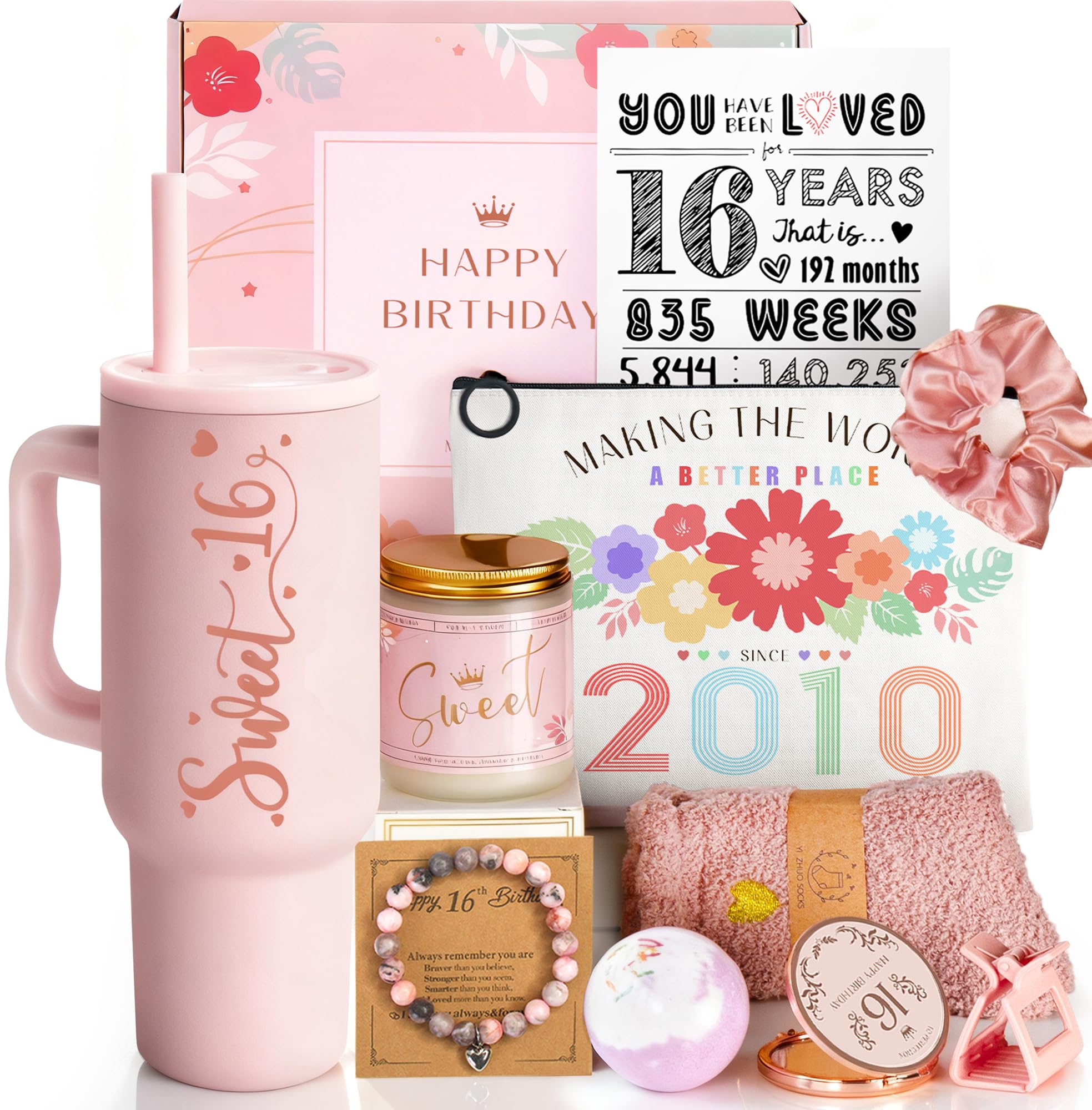 Sweet 16 Gifts for Girls - 16 Year Old Girl Gifts - Happy 16th Birthday Party Decorations for Girls Pink - 11 Pieces Unique Sweet Sixteen Gift for Teen Girl, Daughter, Niece, Granddaughter