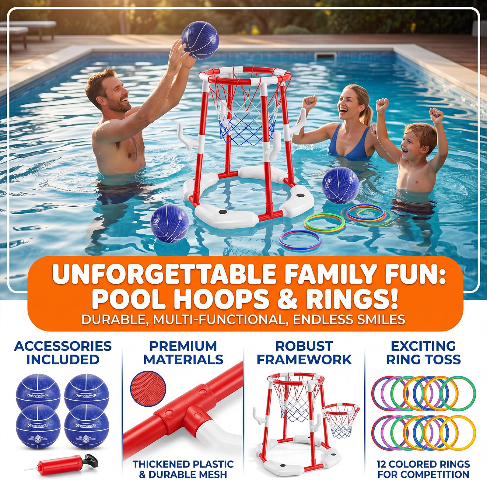 2-in-1 Pool Basketballkorb Ringwurfspiel 4 Bällen 4 Ringen Pumpe Wasserspielzeug Rot
