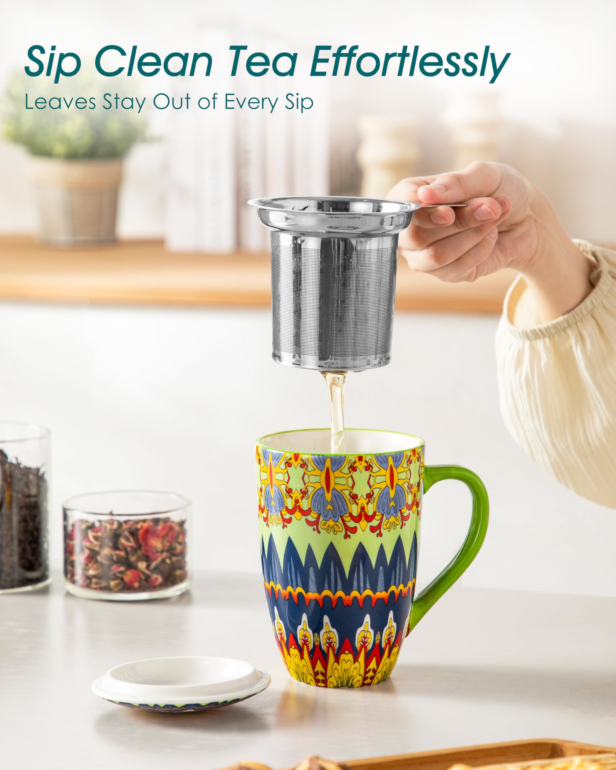 vancasso Mug Tasse à Thé/Café avec Couvercle et Filtre – 540 ml Céramique, Compatible Lave-vaisselle et Micro-ondes – Cadeau Parfait – Style Bohème 01