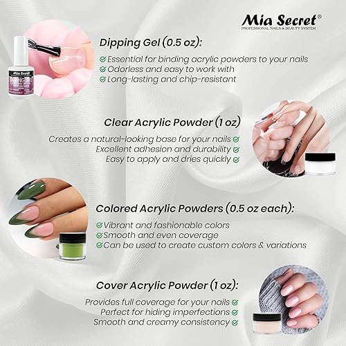 Miniatura 4 de Mia Secret - Kit de 13 piezas de polvo de inmersión para uñas, kit de inmersión con 2 polvos acrílicos de colores, polvo acrílico transparente,