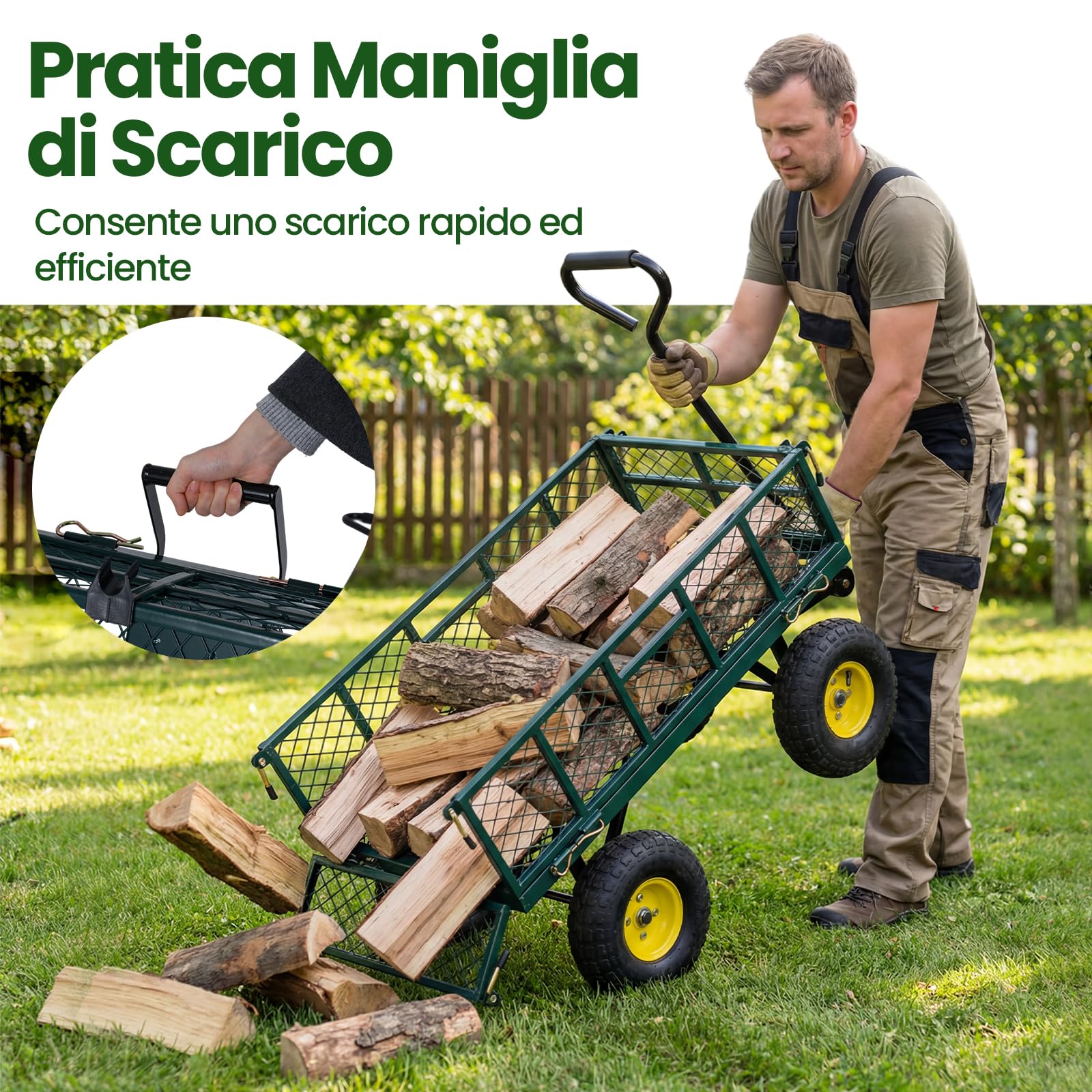 COSTWAY Carrello da Giardino in Metallo, Carretto a Mano con 4 Ruote Pneumatiche, Sponde Rete Rimovibili, Borsa Portaoggetti e Manico Regolabile, Portata 410 kg, per Giardinaggio, Trasporto e Fattoria
