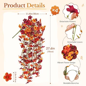 4 Pcs Upgrade Big Artificial Hanging Fall Flowers for Outdoors Decorations