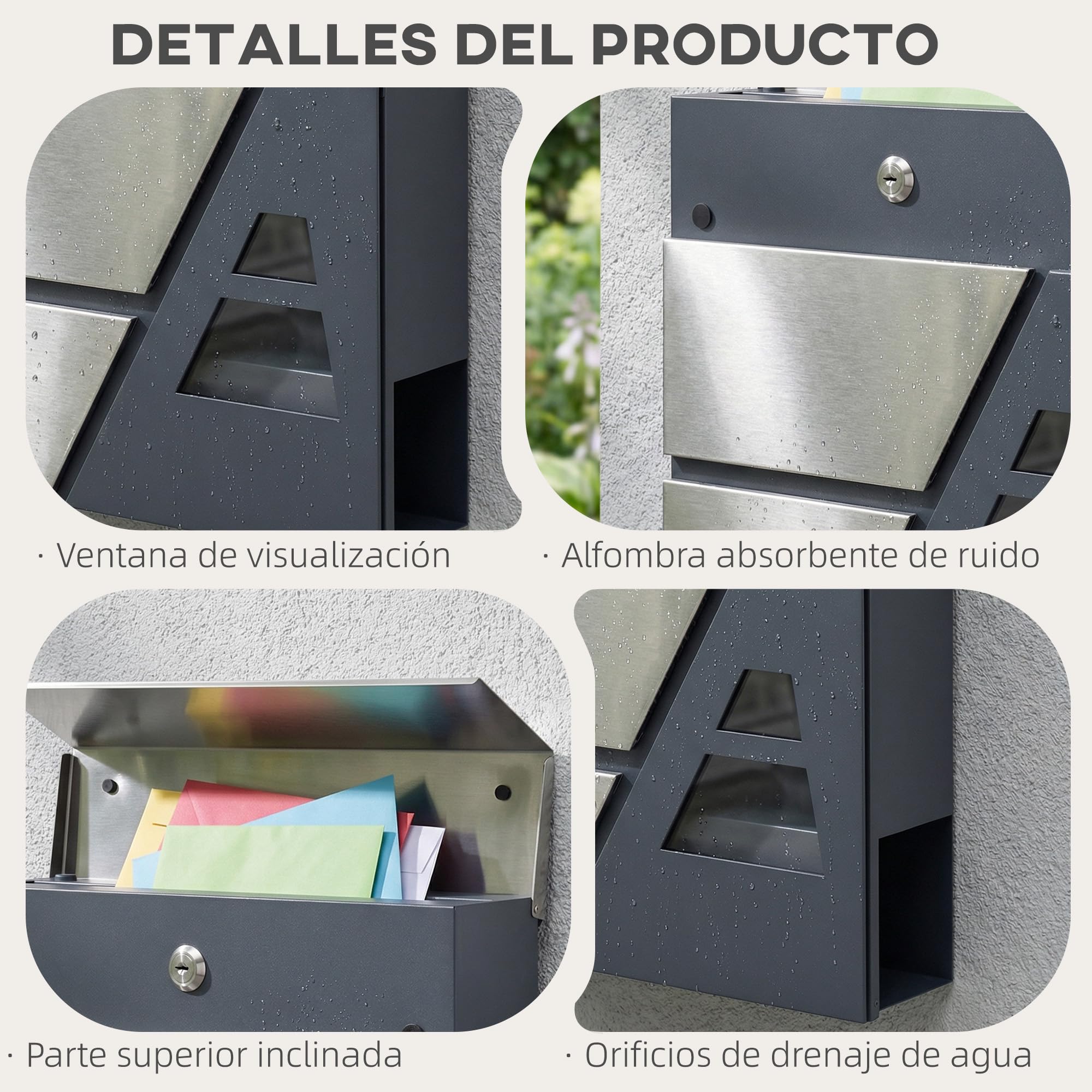 HOMCOM Buzón Exterior de Acero Inoxidable, 13 L, Buzón de Pared Correo con Cerradura y 2 Llaves, Cierre Silencioso, Tapa Antilluvia, Soporte para Periódicos, Moderno, Fácil de Instalar, Gris Oscuro