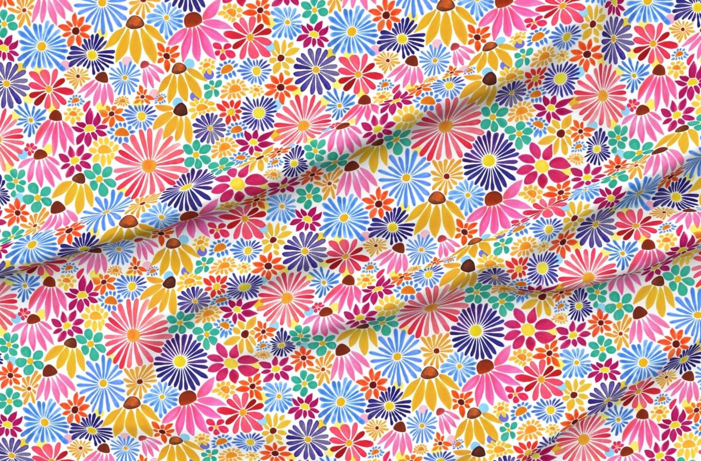 Spoonflower Fabric - Watercolor Floral Botanical Colorful Flowers Daisies Hippy Retro Printed on Minky Fabric Fat Quarter - Sewing Baby Blankets Quilt Backing Plush