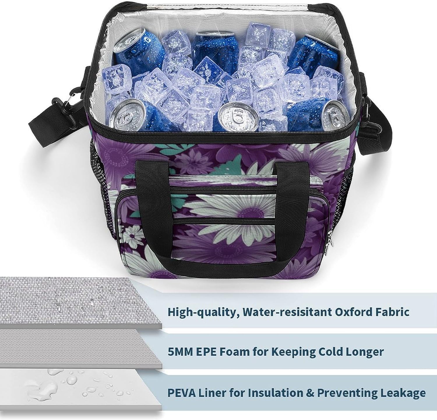 Purple White Floral Cooler Bags Portable Soft Cooler Bag Lightweight Ice Chest Insulated Lunch Bags Camping Cooler Bag Cooler Lunch Tote Coolers for Picnic Travel Beach